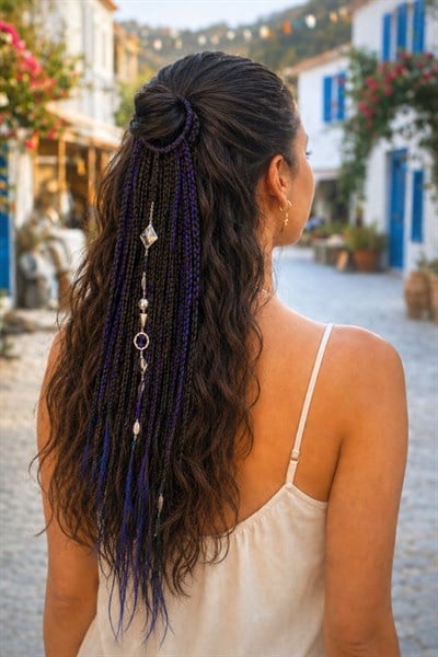 El Yapımı Afro Boncuklu Saç Tokası - Mor Siyah