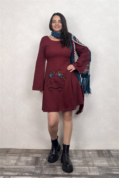 Flor de Frida Elbise - Bordo