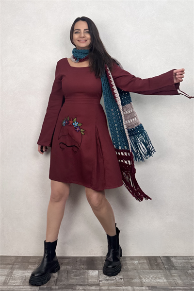 Flor de Frida Elbise - Bordo