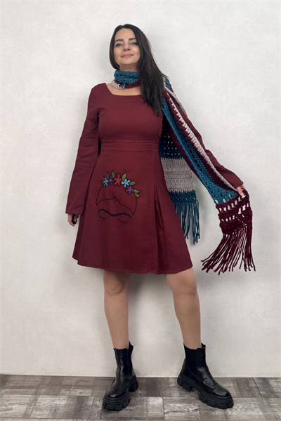 Flor de Frida Elbise - Bordo