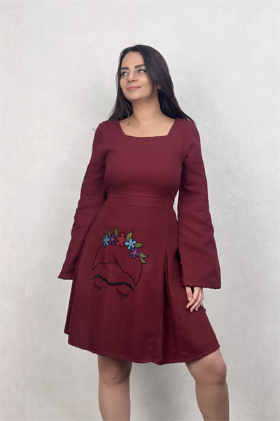 Flor de Frida Elbise - Bordo
