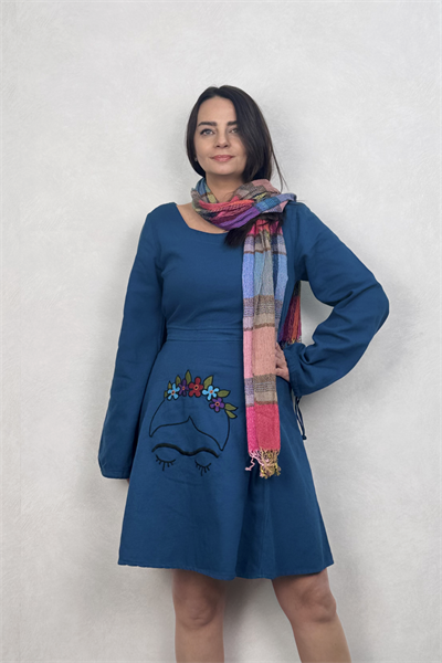 Flor de Frida Elbise - Petrol Mavi