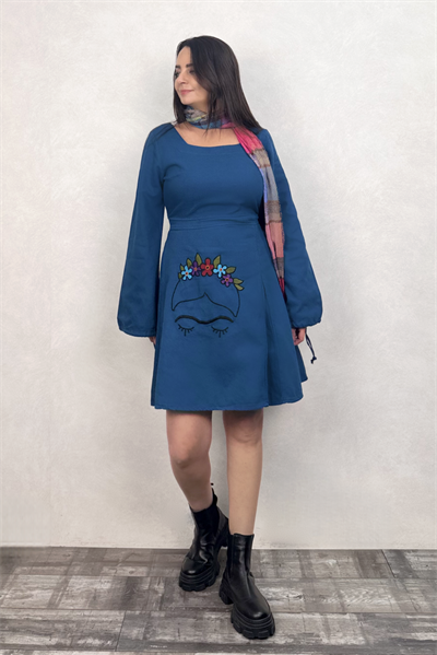 Flor de Frida Elbise - Petrol Mavi