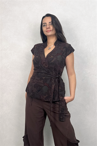 Gabardin Kimono Yelek - Desenli Acı Kahve