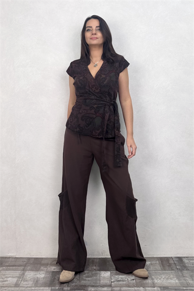 Gabardin Kimono Yelek - Desenli Acı Kahve