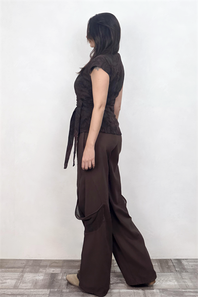 Gabardin Kimono Yelek - Desenli Acı Kahve