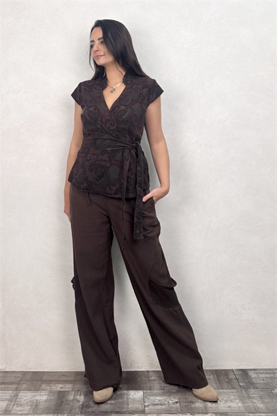 Gabardin Kimono Yelek - Desenli Acı Kahve