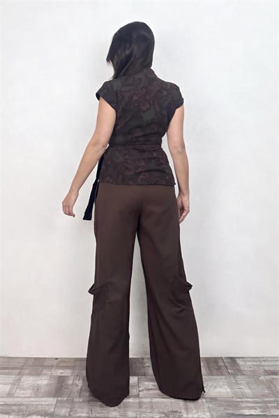 Gabardin Kimono Yelek - Desenli Acı Kahve