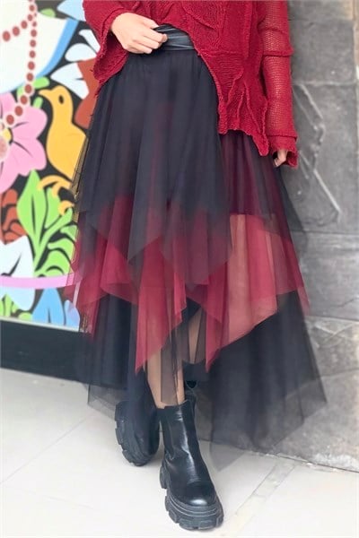 Geçişli Kat Kat Tül Etek - Siyah Bordo