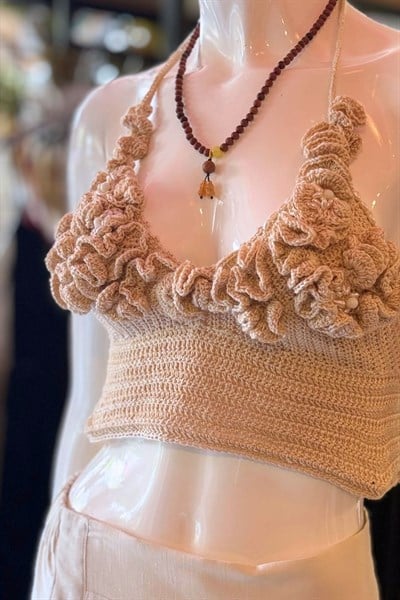 Hand Made Boncuk ve Fırfırlı Bustiyer - Vizon 
