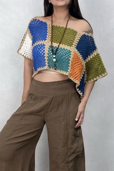 Hand Made Kayık Yaka Motif Bluz - Çok Renkli