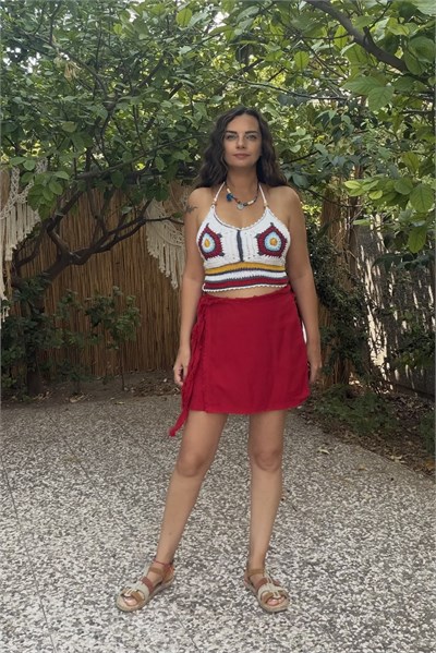 Hand Made Motifli Crop Bluz  Beyaz