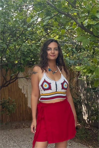 . - Hand Made Motifli Crop Bluz  Beyaz