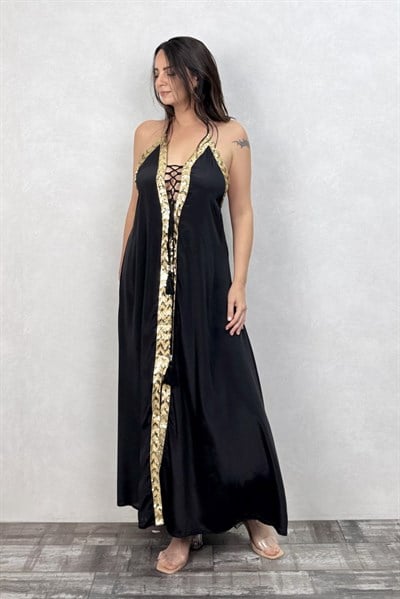 . - Hermes Gold Tasarım İpek Elbise - Siyah