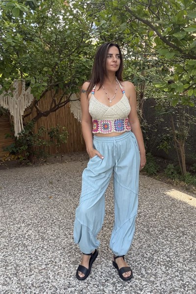 İstiridye Renk Motifli Hand Made Crop - Vizon