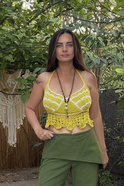 İstiridye Renk Motifli Hand Made Crop - Sarı