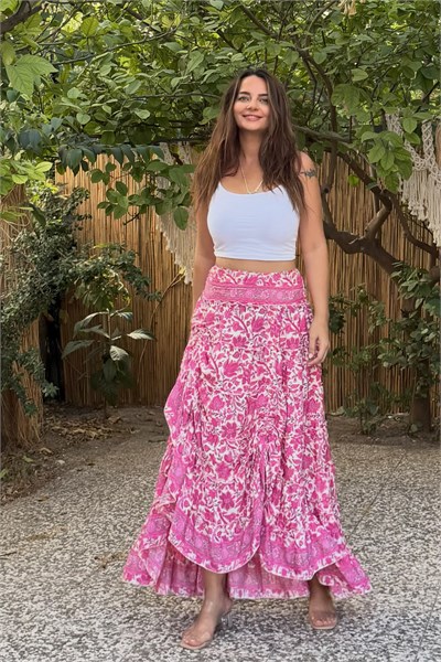 Katlı İp Bağlamalı İspanyol İpek Etek- Pink Flor