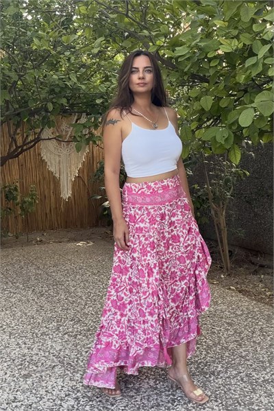 Katlı İp Bağlamalı İspanyol İpek Etek- Pink Flor
