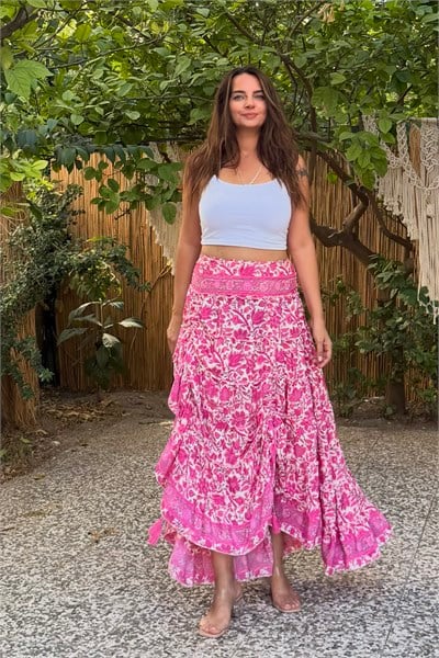 Katlı İp Bağlamalı İspanyol İpek Etek- Pink Flor