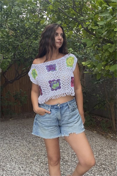 Kayık Yaka  Boncuklu Hand Made Bluz - Beyaz