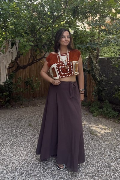 Kayık Yaka  Hand Made Motif Bluz - Tarçın Kahve