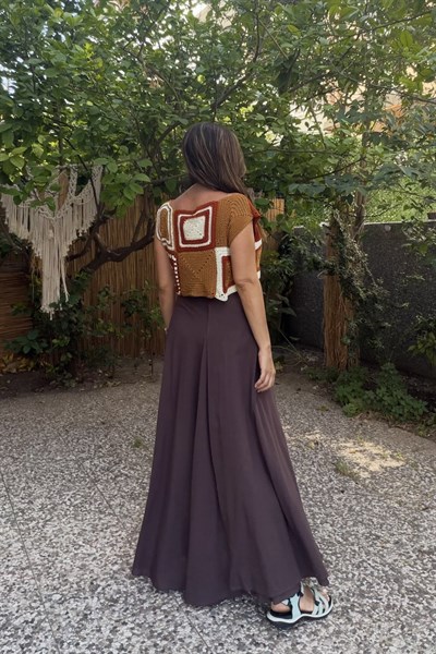 Kayık Yaka  Hand Made Motif Bluz - Tarçın Kahve