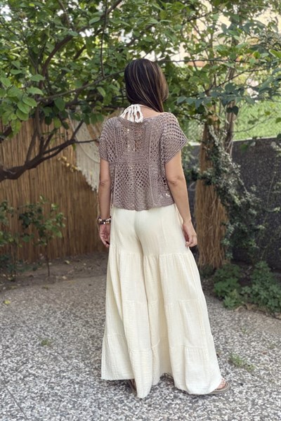 Kayık Yaka  Hand Made Tasarım Bluz - Sütlü Kahve