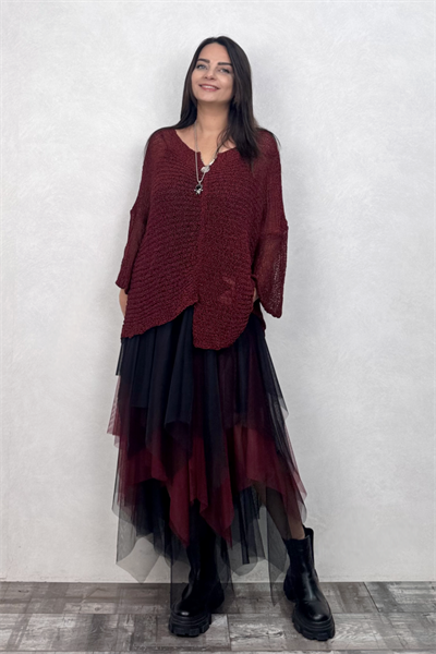 Kayık Yaka Merserize Bluz - Bordo