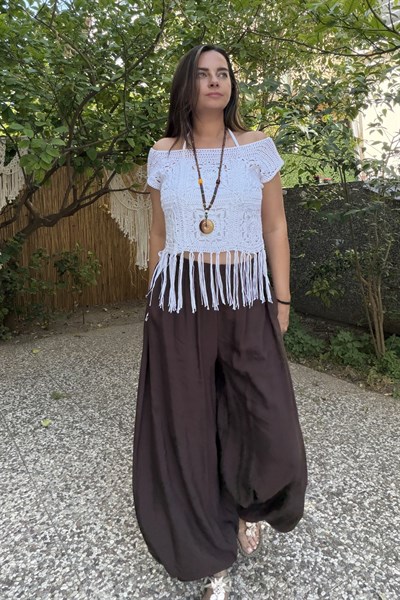 Kayık Yaka Motifli Tasarım Bluz - Beyaz