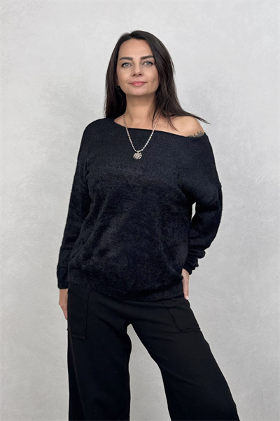 Kayık Yaka Yumoş Bluz - Siyah