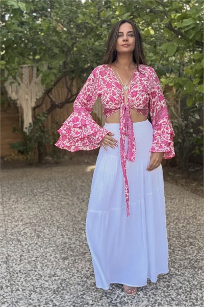 Kelebek Kol İpek Bolero Bluz -Pink Flor