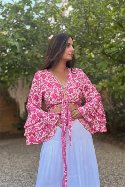 Kelebek Kol İpek Bolero Bluz -Pink Flor