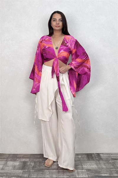 Kimono Kol İpek Bolero Bluz - Fuşya Orange