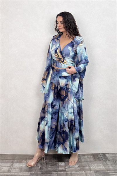 Kimono Kol İpek Bolero Bluz - Mavi Gold