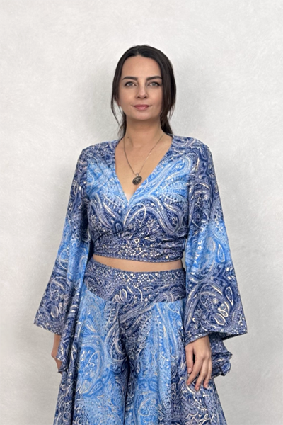 Kimono Kol İpek Bolero Bluz - Mavi Şal