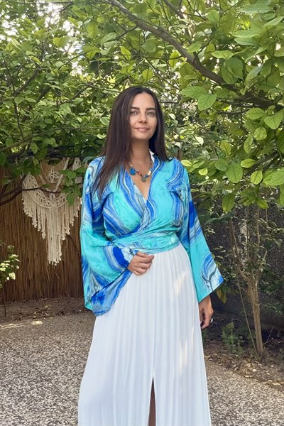 Kimono Kol İpek Bolero Bluz -Mavi Turkuaz