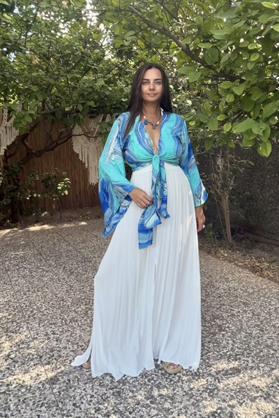 Kimono Kol İpek Bolero Bluz -Mavi Turkuaz