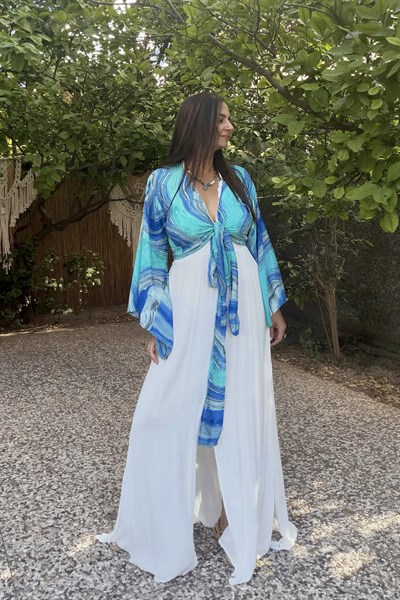 Kimono Kol İpek Bolero Bluz -Mavi Turkuaz