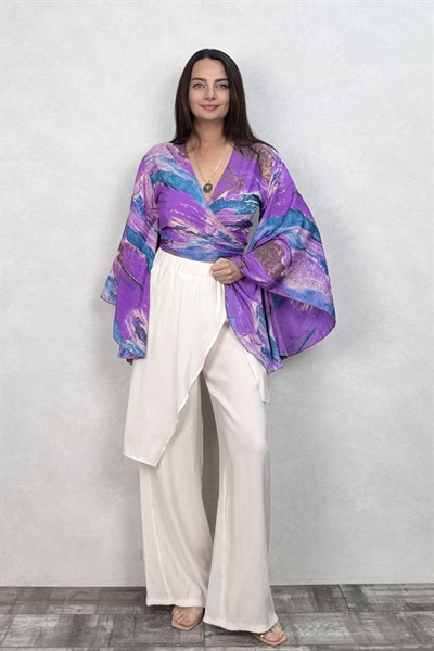 Kimono Kol İpek Bolero Bluz - Mor