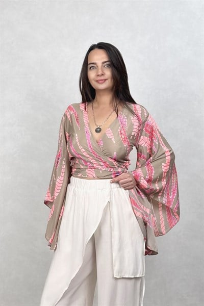 Kimono Kol İpek Bolero Bluz - Vizon pembe