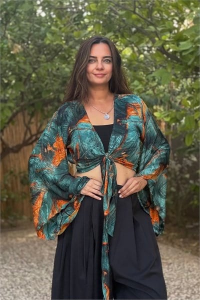 Kimono Kol İpek Bolero Bluz -Zümrüt