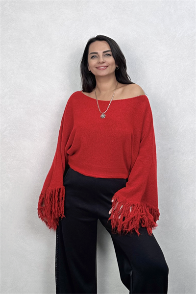 Kolları Saçaklı Bohem Bluz - Kırmızı