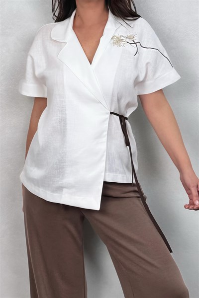 Lamante Keten Kimono Bluz - Beyaz