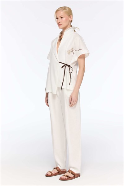 Lamante Keten Kimono Bluz - Beyaz