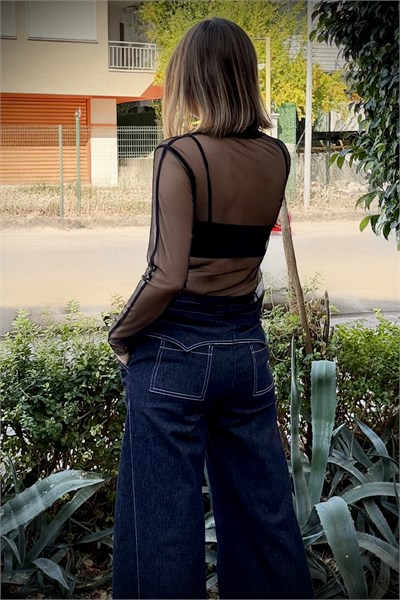 Lamante Korse Dikişli Tül Bluz - Siyah