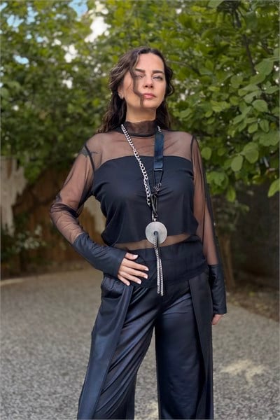Lamante Mesh Tül Bluz - Siyah