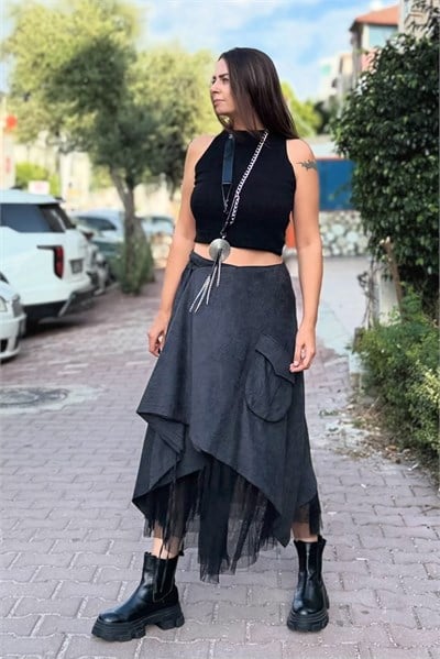 . - Lamante Noa Tüllü  Nubuk Etek - Antrasit Siyah