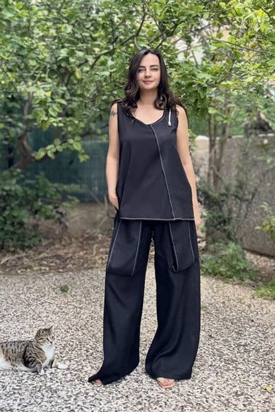 Lamante Nomad Tasarım Keten Pantolon - Siyah