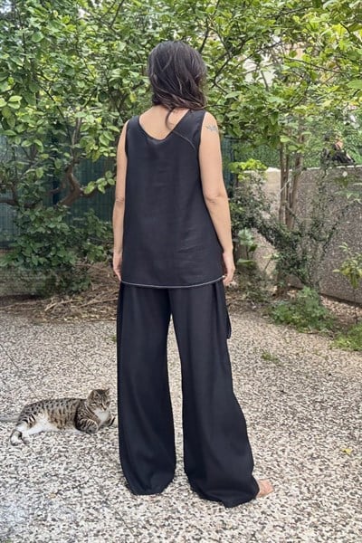 Lamante Nomad Tasarım Keten Pantolon - Siyah