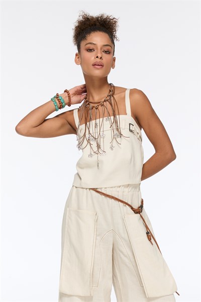 Lamante Prime Keten Crop Bluz - Kum Beji
